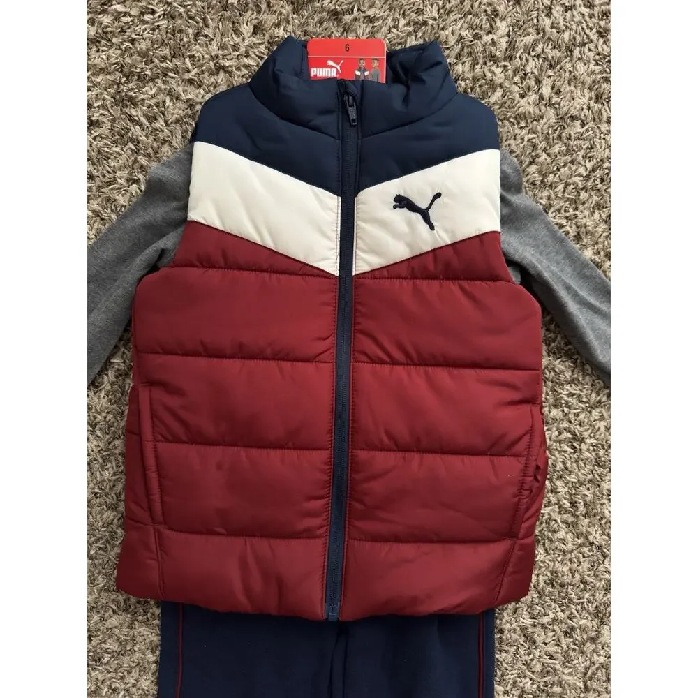 NWT Puma Kids 3pcs Set Puffer Vest Long Sleeve Shirt & Joggers Red Navy Size 6 - Picture 2 of 4